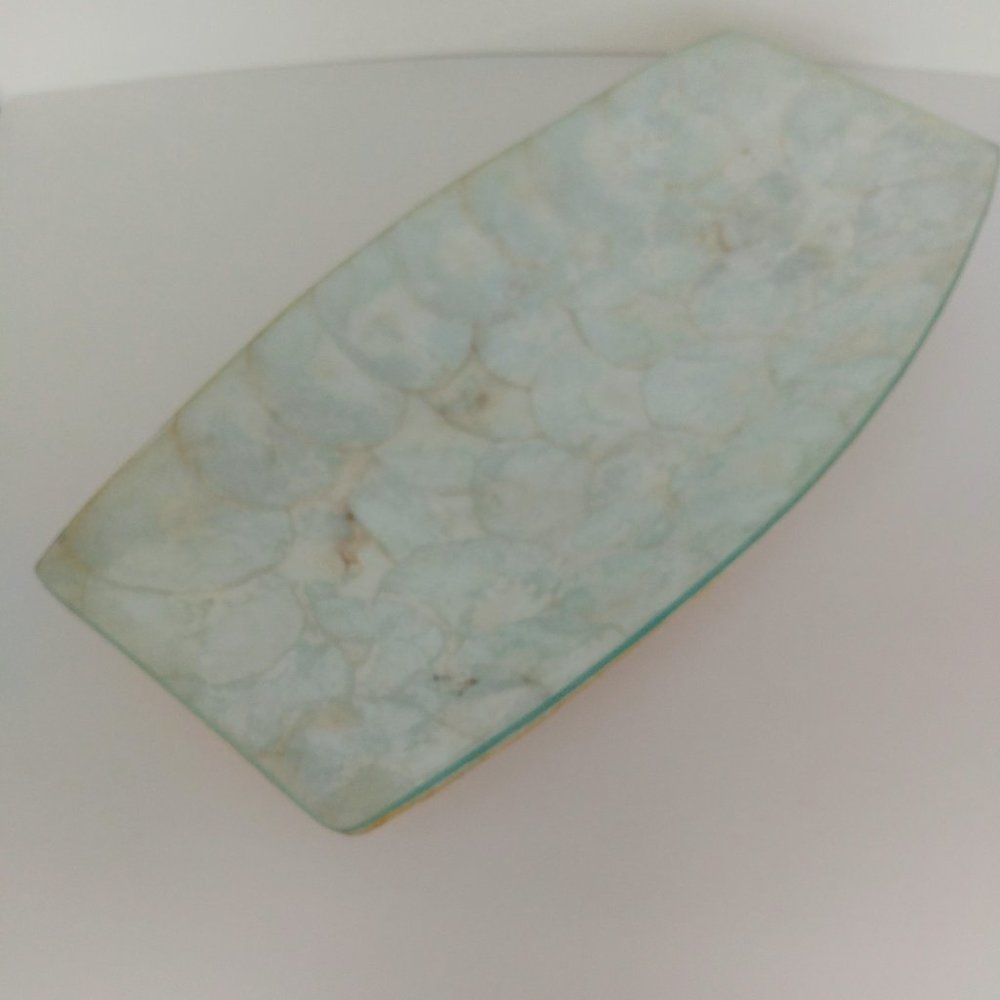 Vintage Capiz Shell Oblong Platter Dish Acrylic Top Finish Coastal Shabby Chic